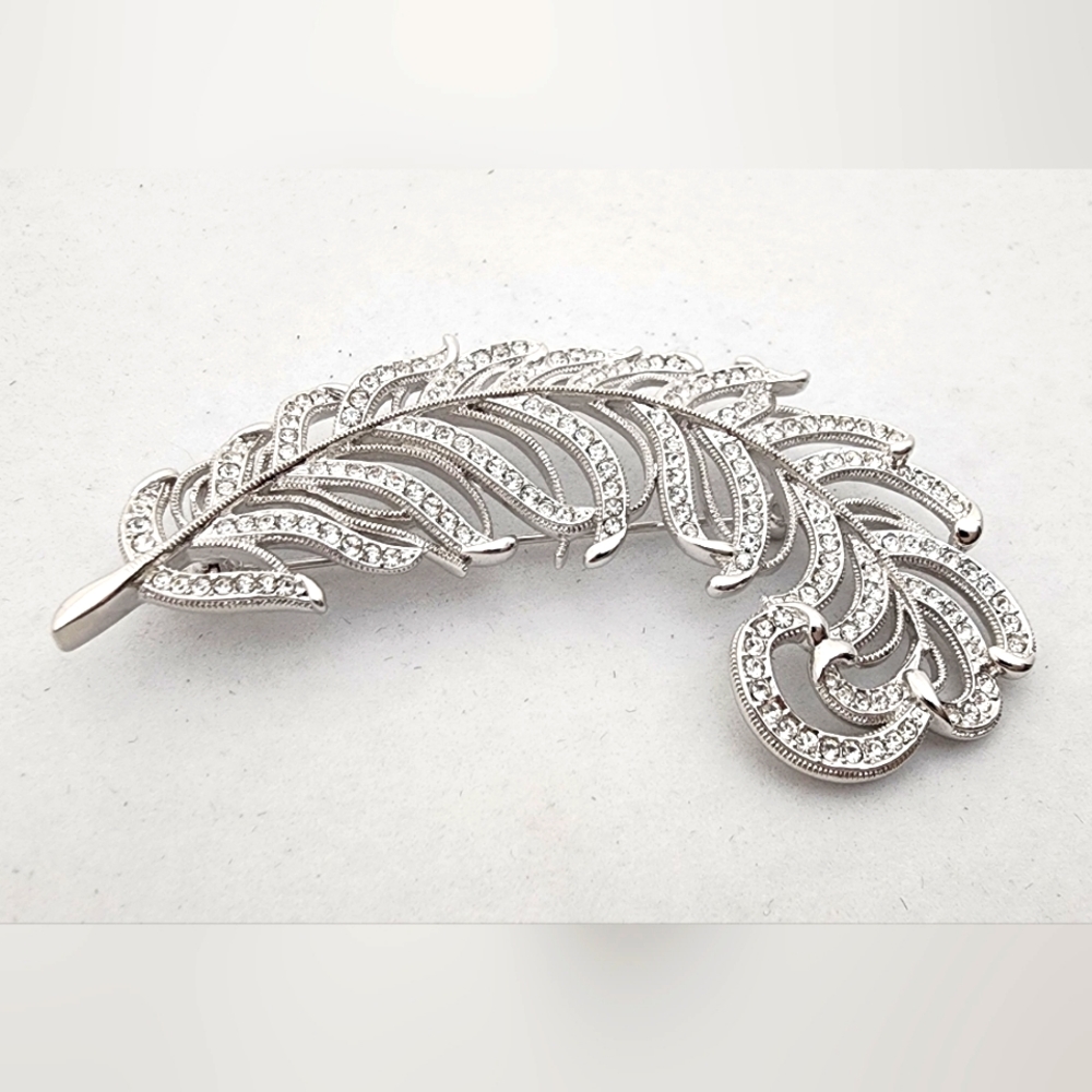 Vintage Rhinestone Feather Brooch